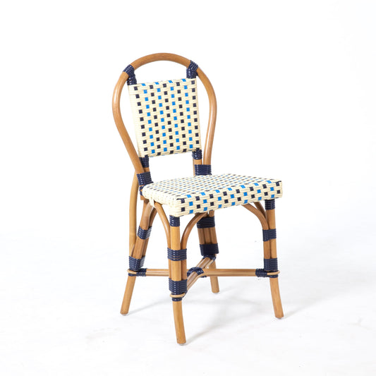Aspen Brands Classic French Bistro Chair, (Kid Size 34H x 15W x 14L - Standard seat Height 17") Indoor Outdoor, Navy, Cream, and Lite Blue PE Rattan, Natural Frame, Commercial Grade