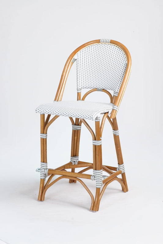 Aspen Brands Classic Commercial Grade Rattan French Bistro Counter Stool, Indoor/Outdoor, White & Blue