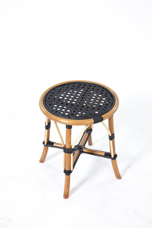 French Cafe Bistro Rattan Low Stool, Black Woven Seat, Backless