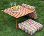 Table in a Bag Original Low Wood Portable Table with Carrying Bag, Brown About this item Assembled size: 27-inch square table top, 16-inch table height; Please note that table top will stretch to 27-Inches once assembled to fit the cross bars Perfect for picnics, the beach, outdoor concerts, camping, backyard parties and more Portable, lightweight design with fast and easy set up; Easy instructions for set up included Compact shape fits neatly into black carry bag (included) Water-resistant quality construction with solid hardwood top. Weight 6 lbs